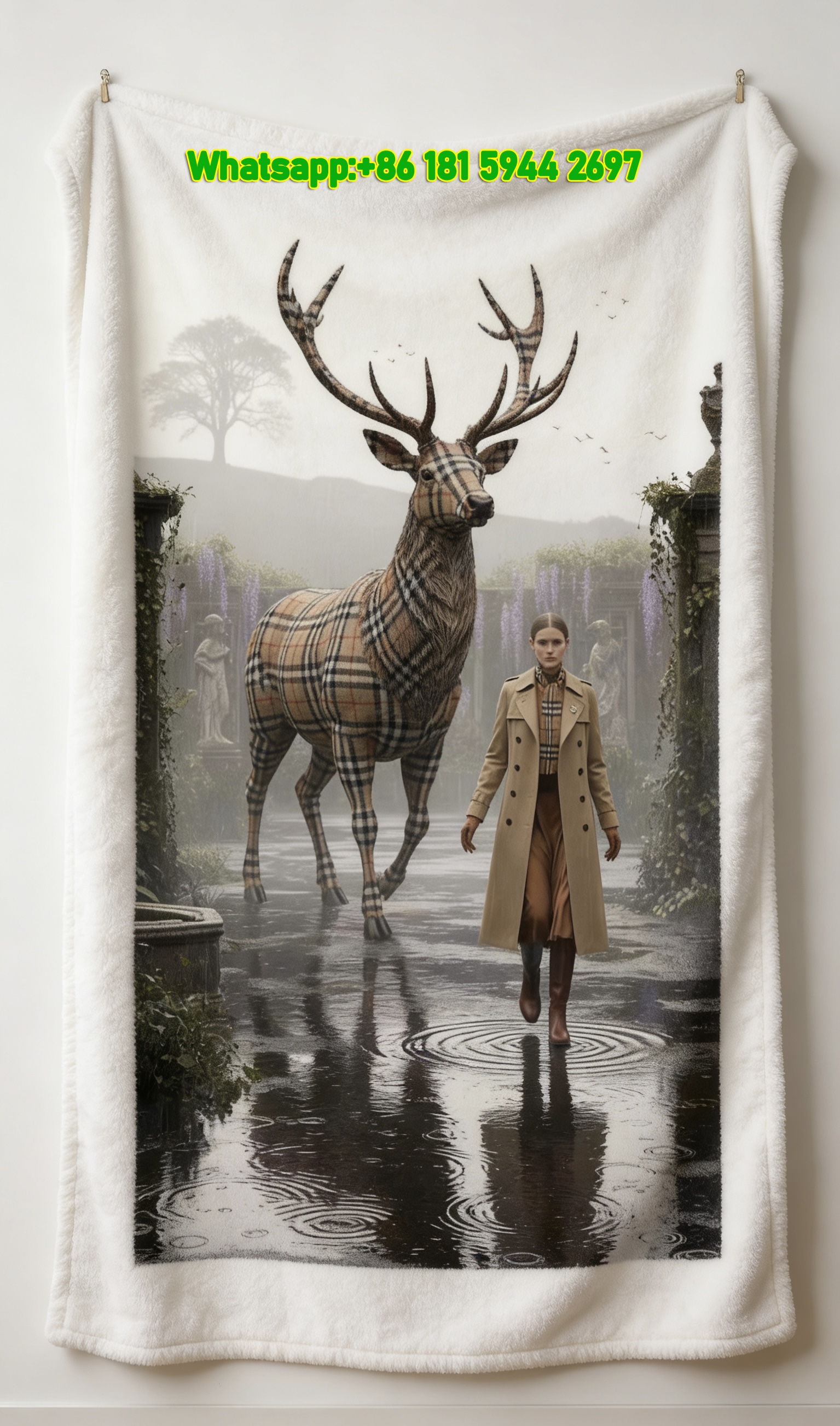 Burberry Check Stag Print Flannel Fleece Sofa Throw Blanket B278